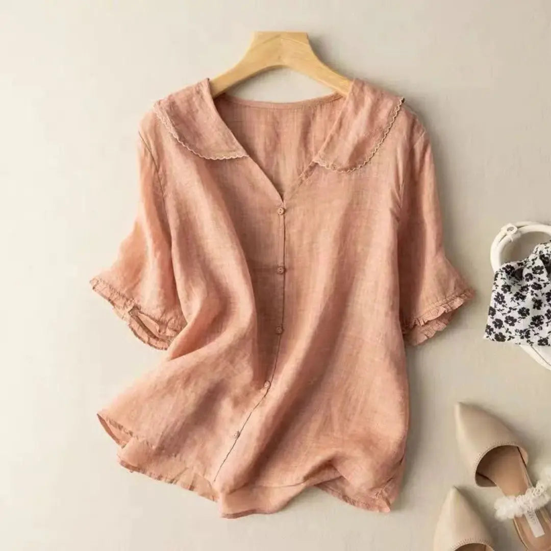 Women's loose fit linen blouse soft breathable V-neck scalloped edges wrinkle resistant flattering top