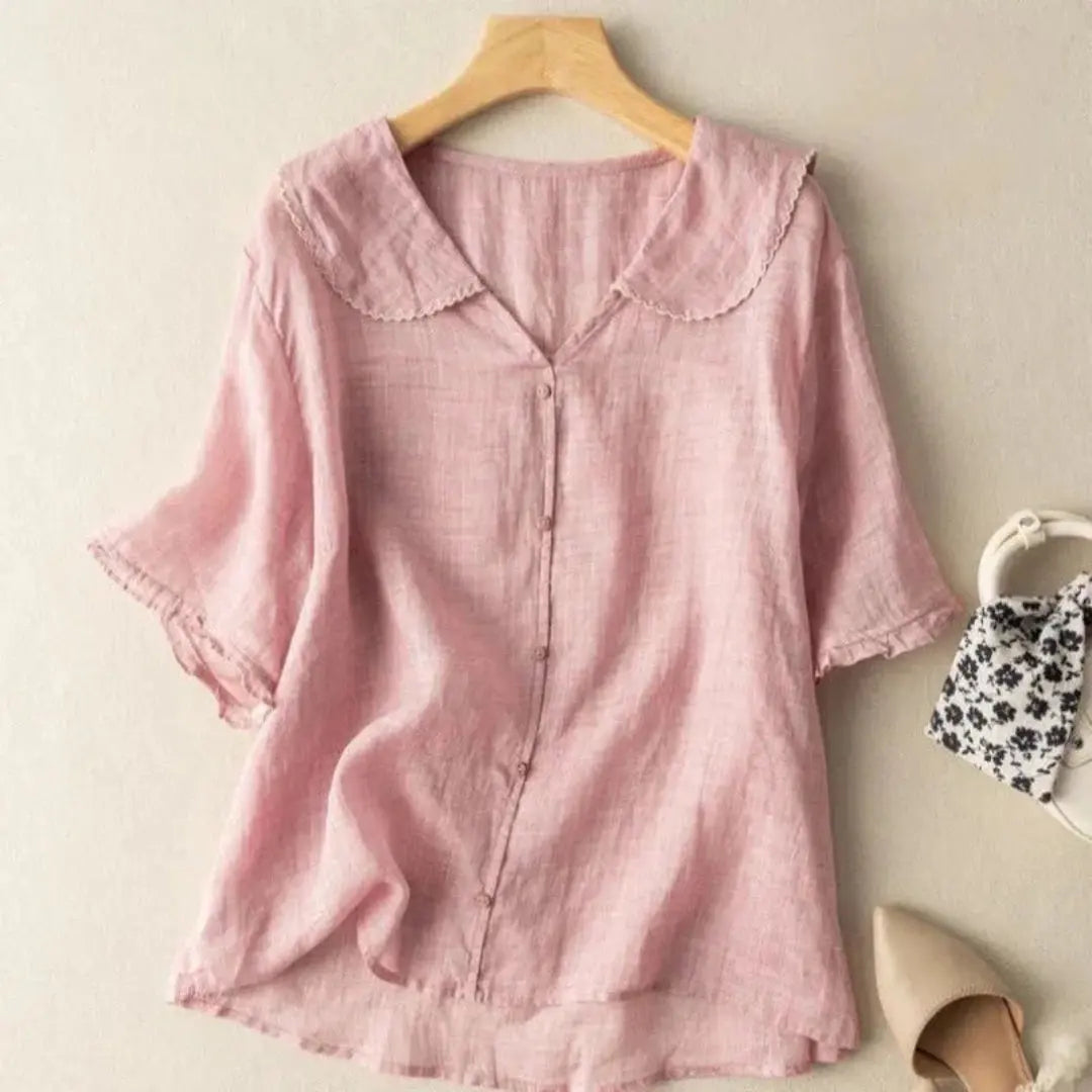 Women's loose fit linen blouse soft breathable V-neck scalloped edges wrinkle resistant flattering top