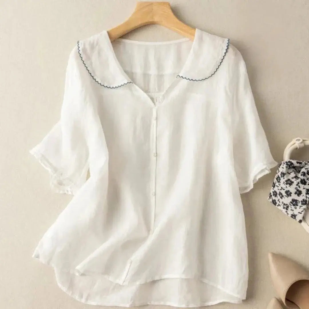 Women's loose fit linen blouse soft breathable V-neck scalloped edges wrinkle resistant flattering top