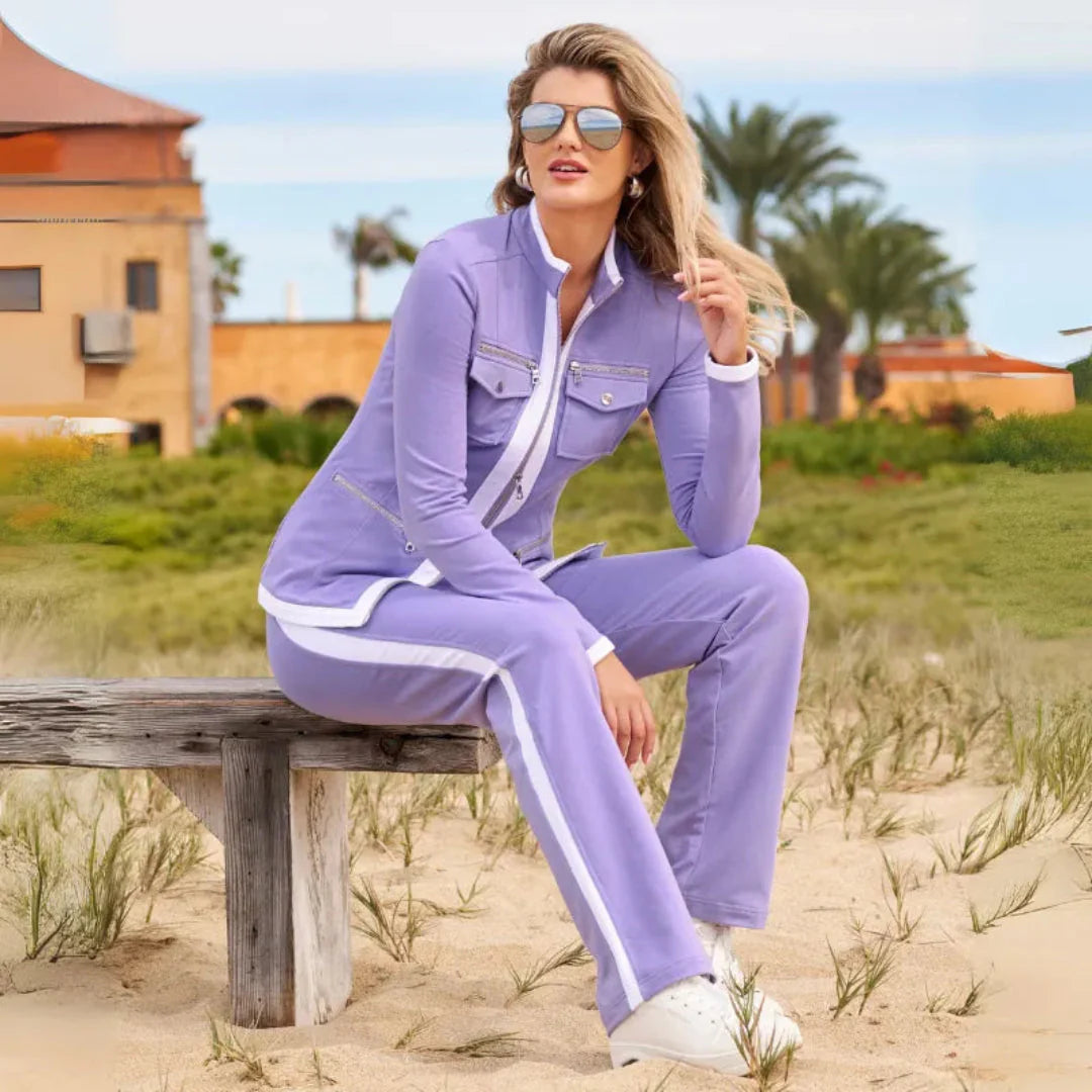 Women's two-piece zip jacket pant set tailored silhouette sporty contrast trim everyday chic