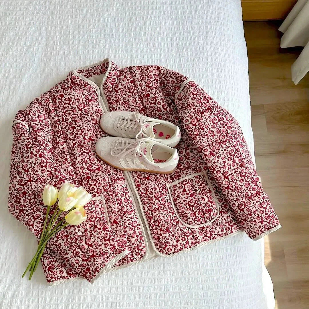 Women's quilted floral jacket red cream lightweight padded cozy everyday casual outerwear feminine silhouette