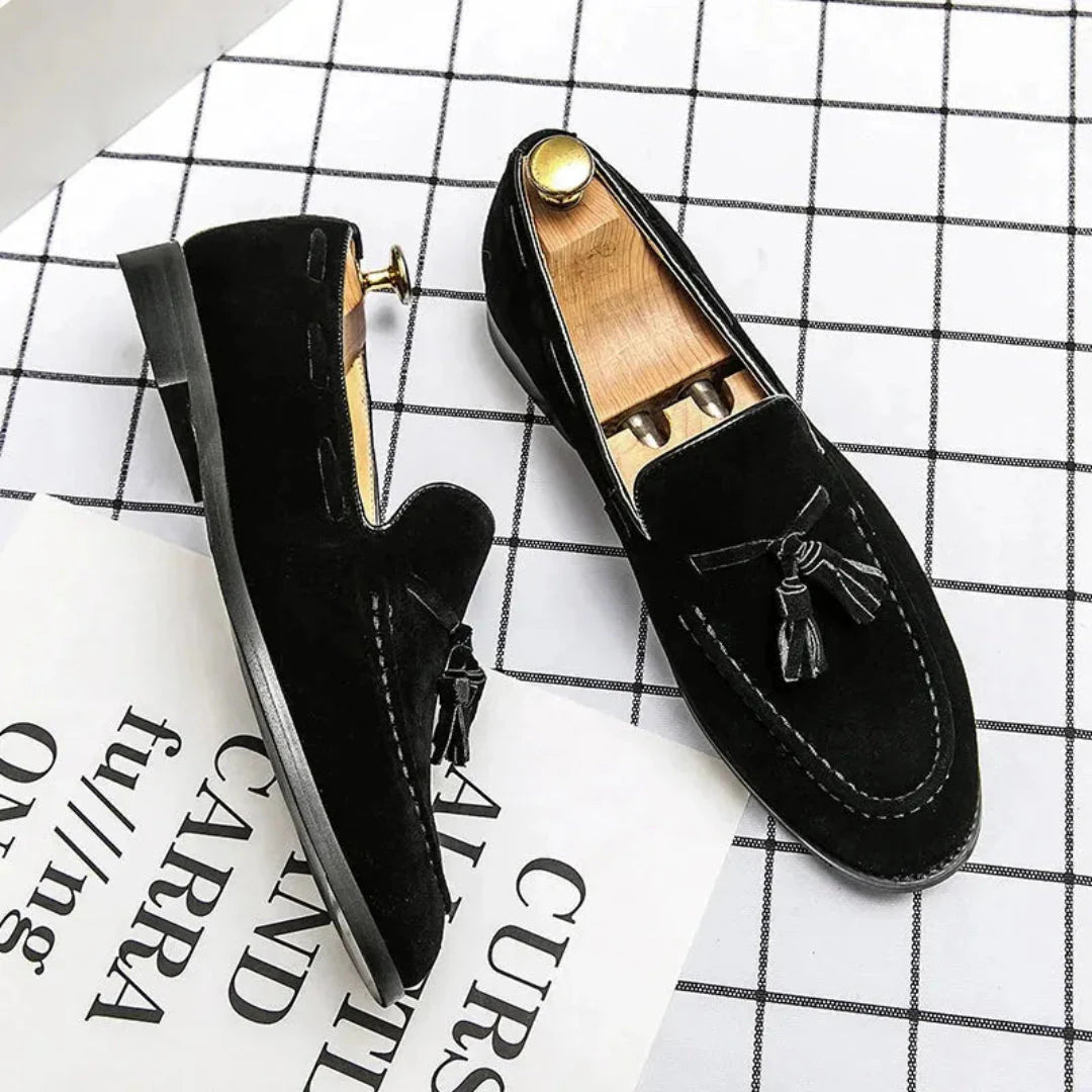 Men's brown suede tassel slip-on loafers with cushioned insole and luxurious premium upper