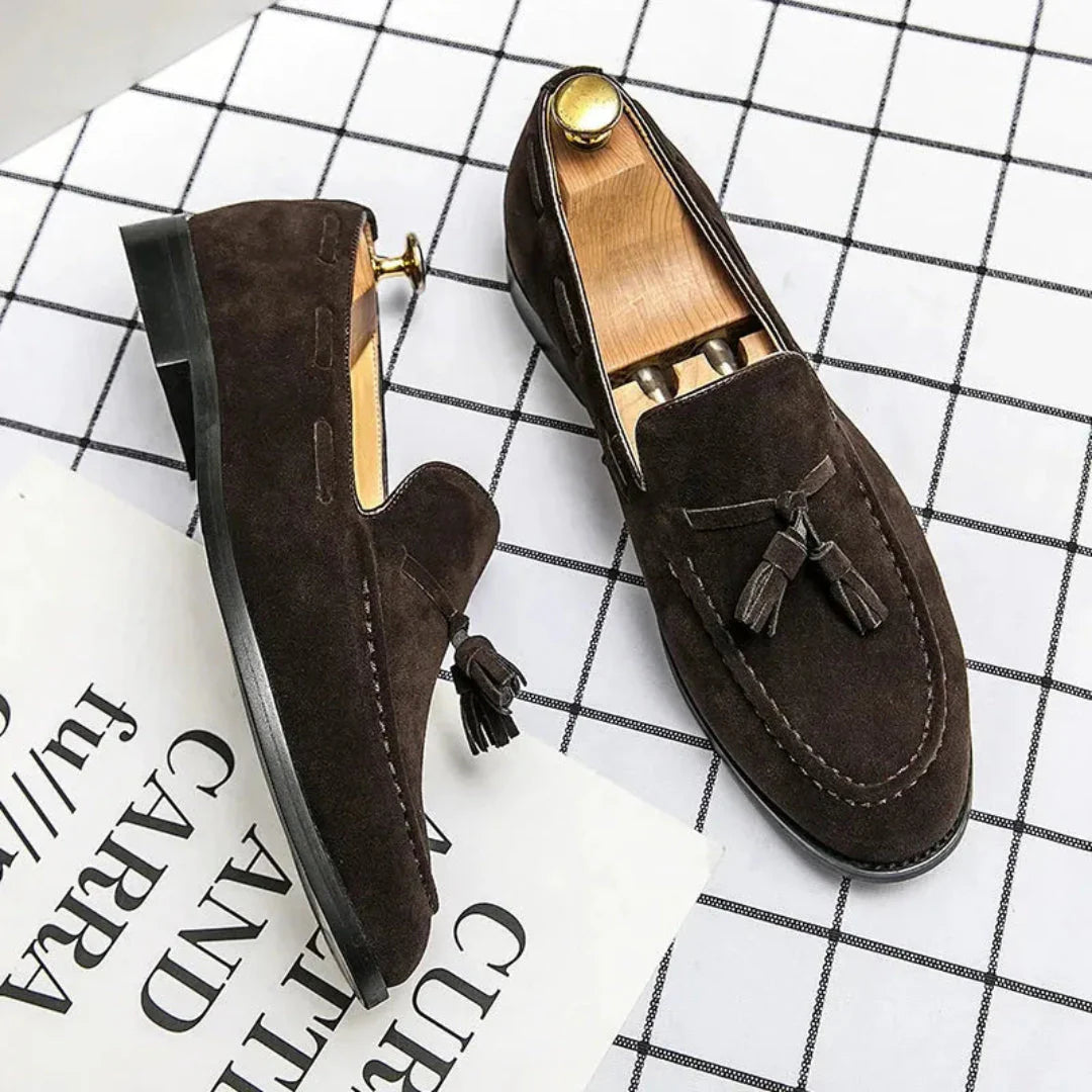 Men's brown suede tassel slip-on loafers with cushioned insole and luxurious premium upper