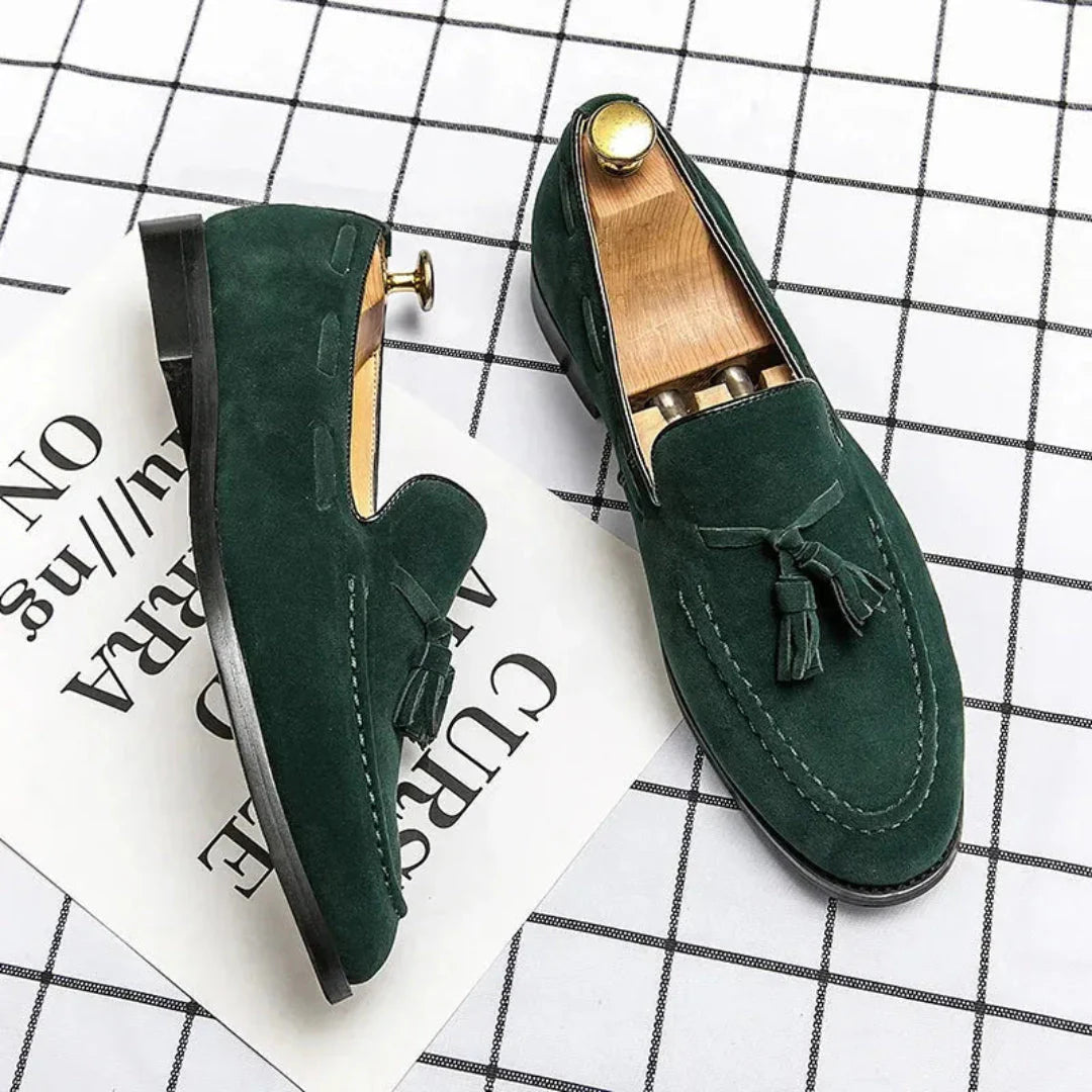 Men's brown suede tassel slip-on loafers with cushioned insole and luxurious textured upper