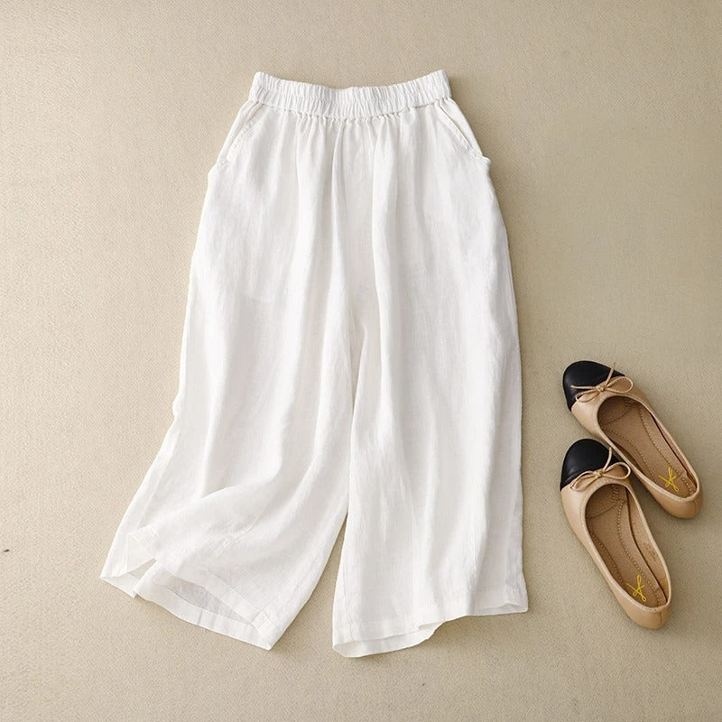 Women's linen wide leg trousers breathable pull-on waist relaxed silhouette everyday comfort
