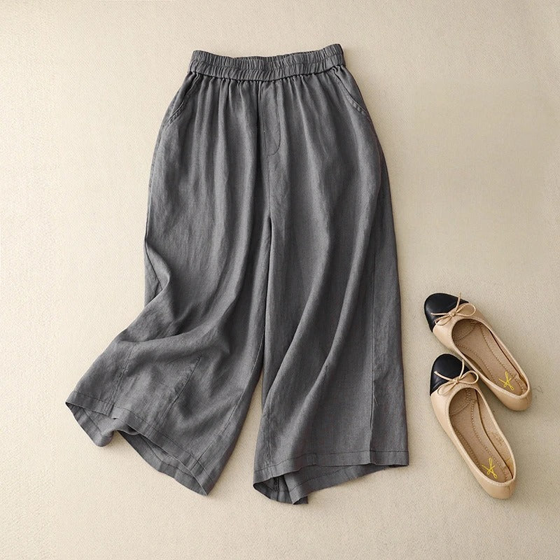 Women's linen wide-leg trousers relaxed silhouette breathable blend pull-on elastic waist