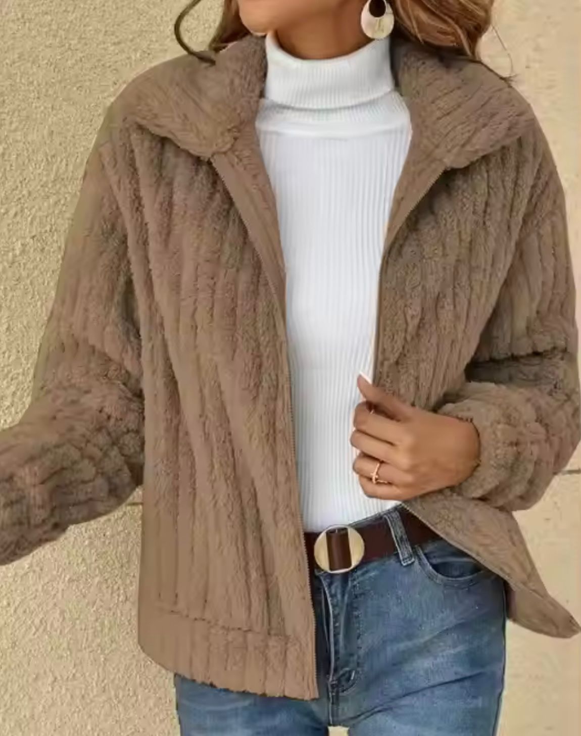 Beige faux fur cardigan jacket for women, relaxed silhouette with secure zip closure