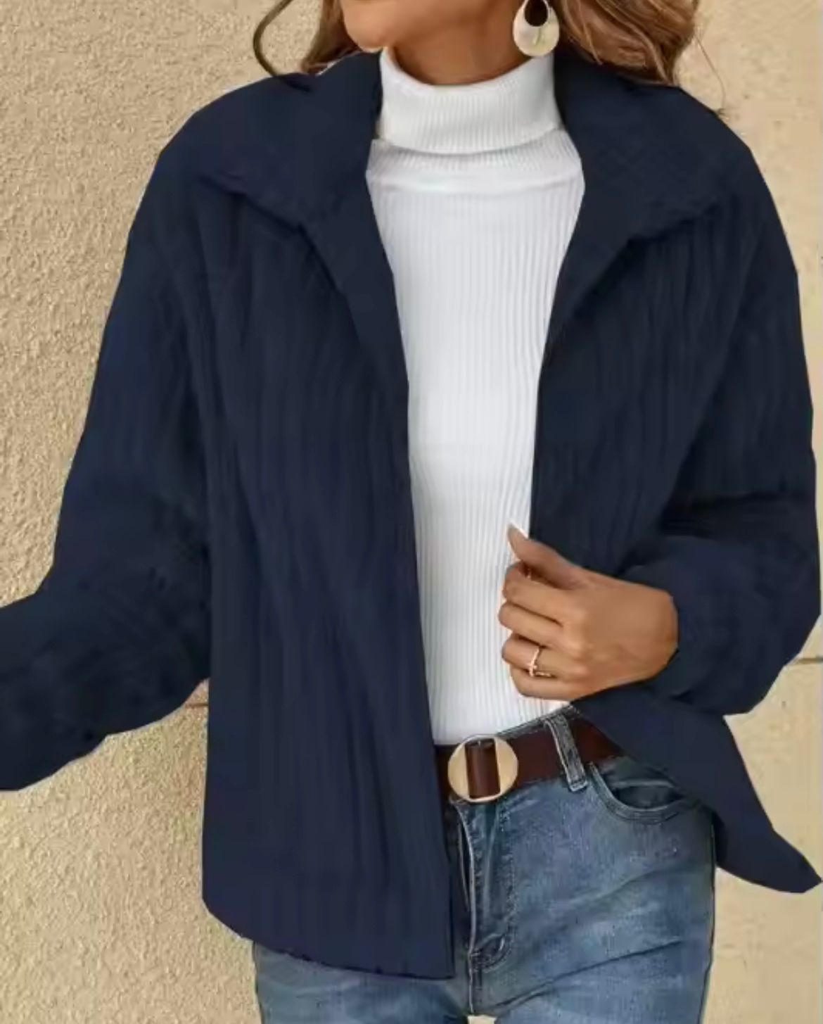 Beige faux fur cardigan jacket for women, relaxed silhouette with plush texture and zip closure