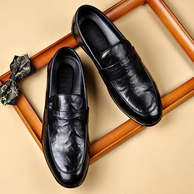 Brown genuine leather penny loafers slip-on style with cushioned insole for professional wear