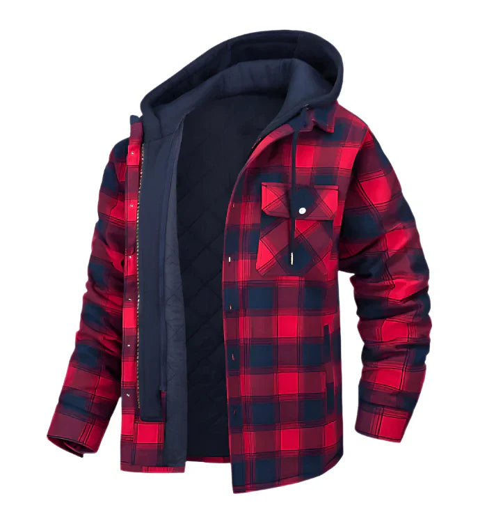 Men's hooded plaid shirt jacket warm lined dual closure casual layered outerwear