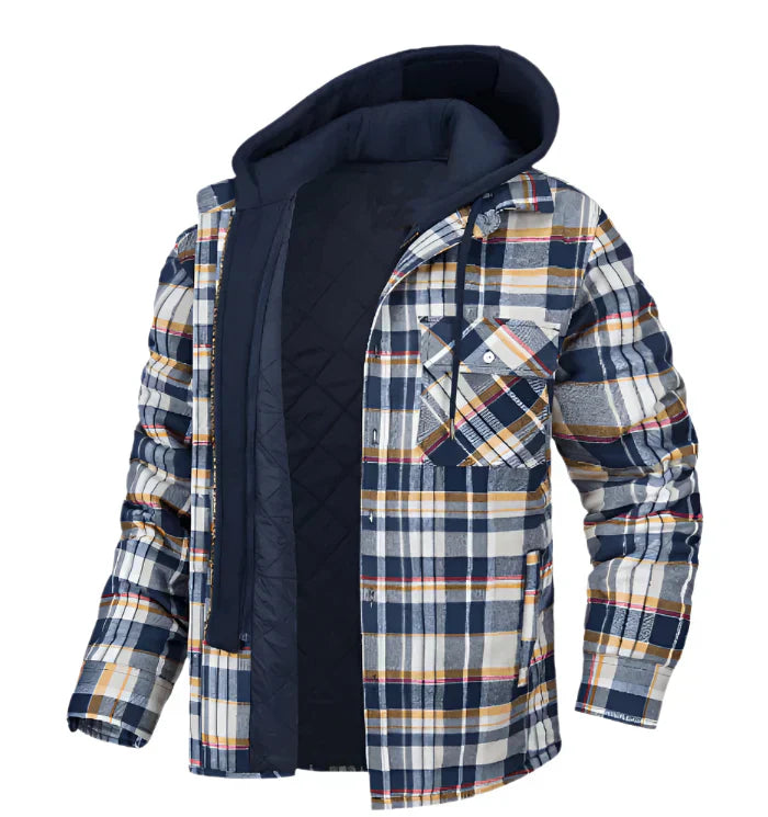 Men's hooded plaid shirt jacket warm lined dual closure casual layered outerwear