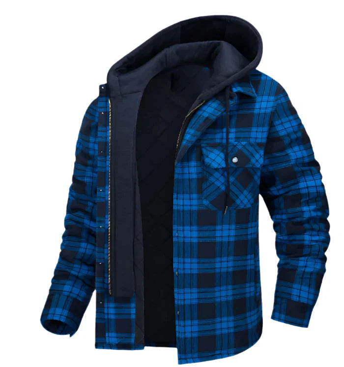 Men's hooded plaid shirt jacket warm fleece-lined dual closure casual layering coat