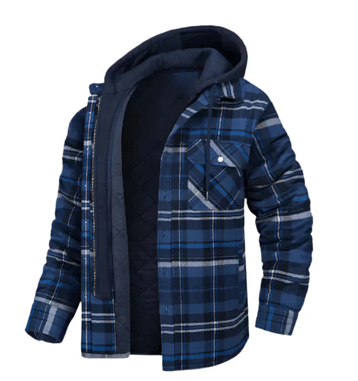 Men's hooded plaid shirt jacket warm fleece-lined dual closure casual layering coat