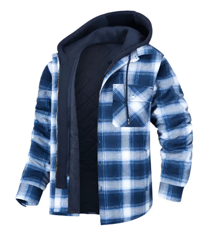 Men's hooded plaid shirt jacket warm lined dual closure casual layering outerwear