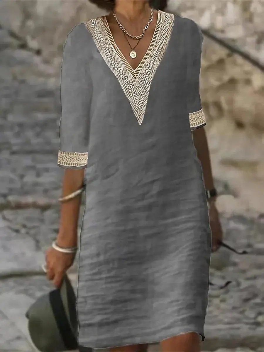 Women's linen blend v-neck dress with lace trim neckline and three-quarter sleeves, breathable chic style