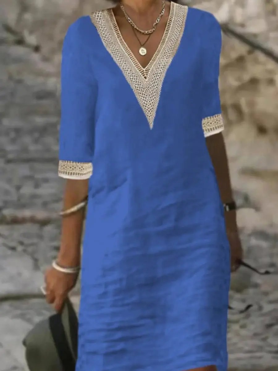 Women's linen blend v-neck dress with lace trim neckline, three-quarter sleeves, chic breathable style