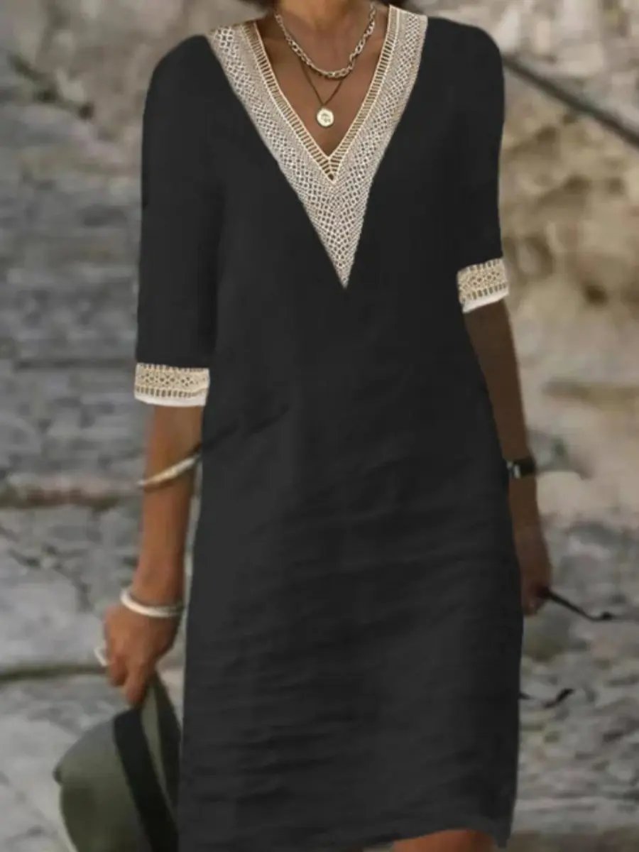 Women's linen blend V-neck dress with lace trim, three-quarter sleeves, breathable chic fit