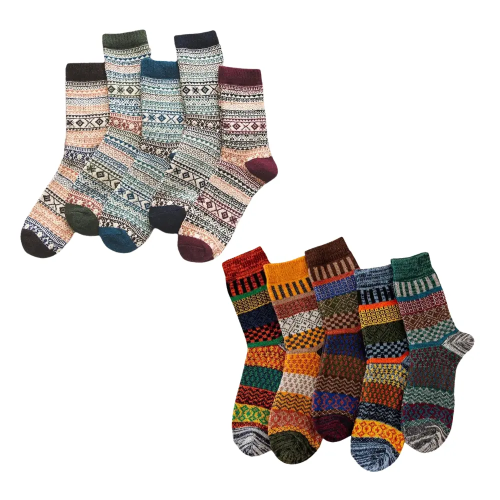 Men's thick sheep wool winter socks in colorful retro pattern, natural warmth for cold weather
