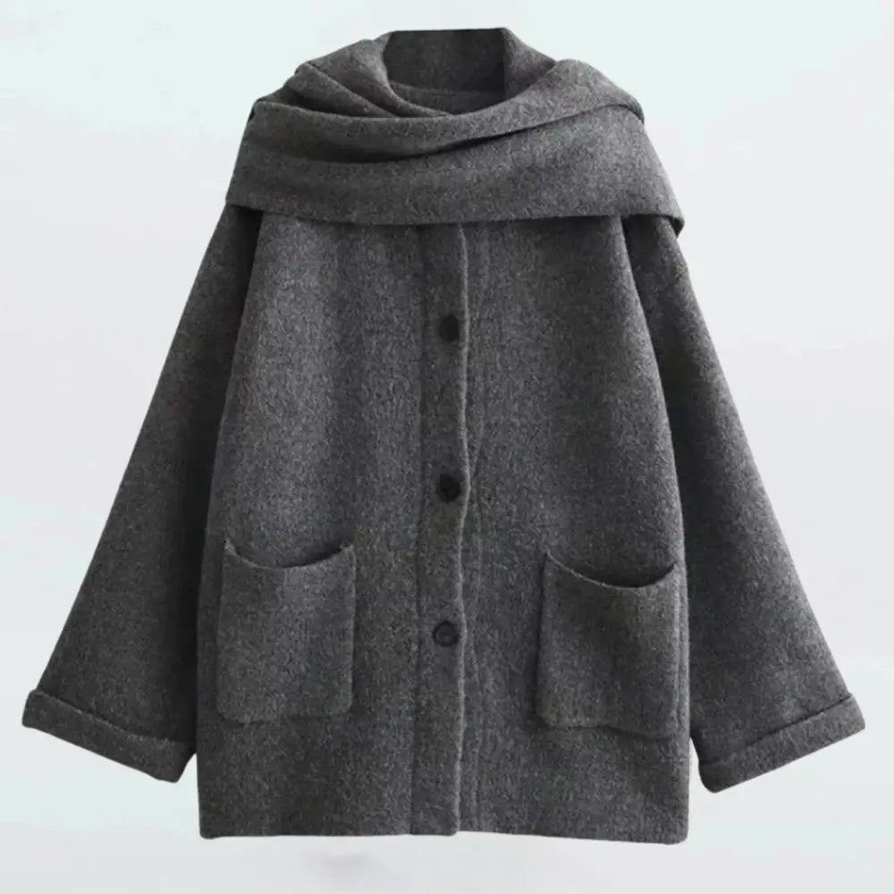 Women's soft knitted cardigan with button front closure, cozy fit, and included scarf accent