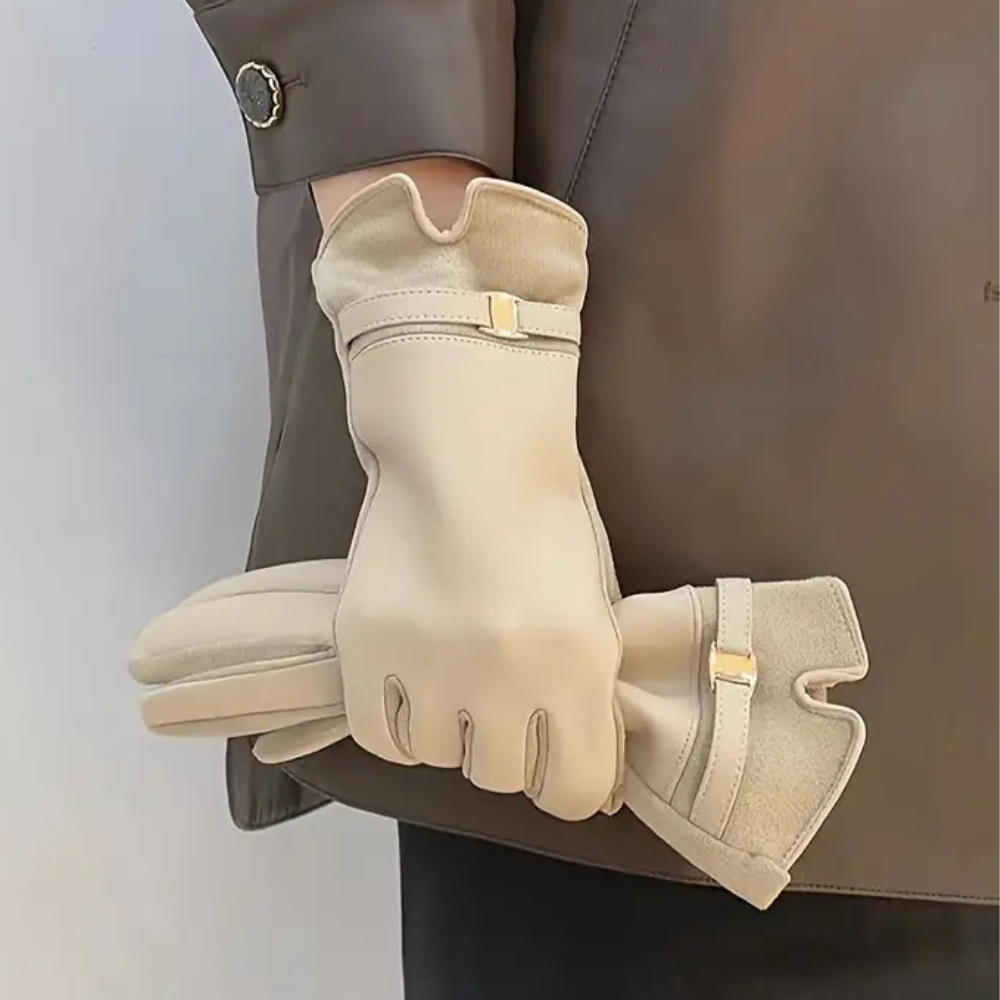 Léa unisex black waterproof synthetic leather winter gloves with soft lining and full-finger coverage