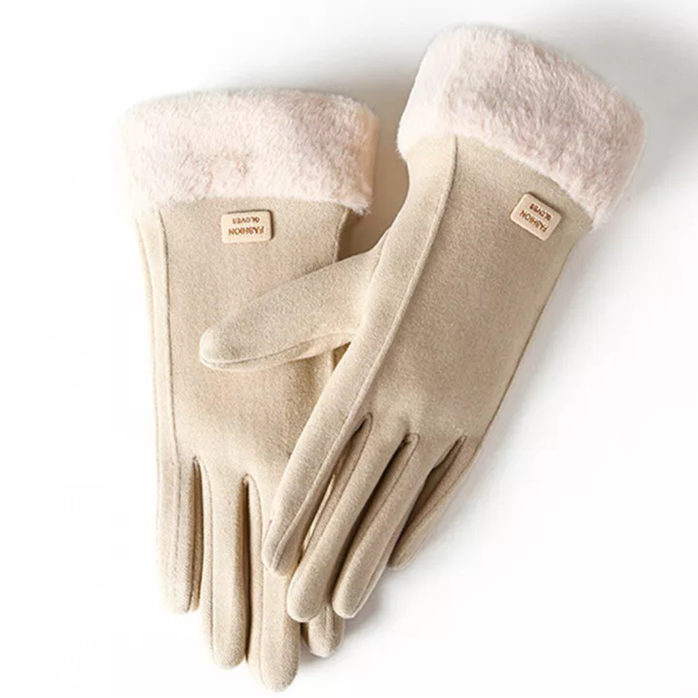 Black windproof touchscreen gloves with warm plush lining for cold weather outdoor use