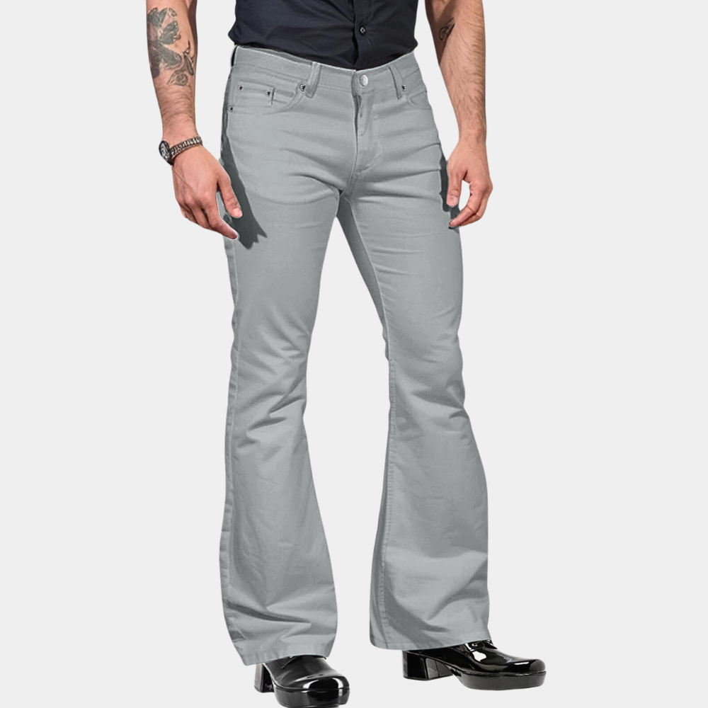 Men's slim fit high waist trousers with slit detail, retro-inspired stretch fabric, urban style