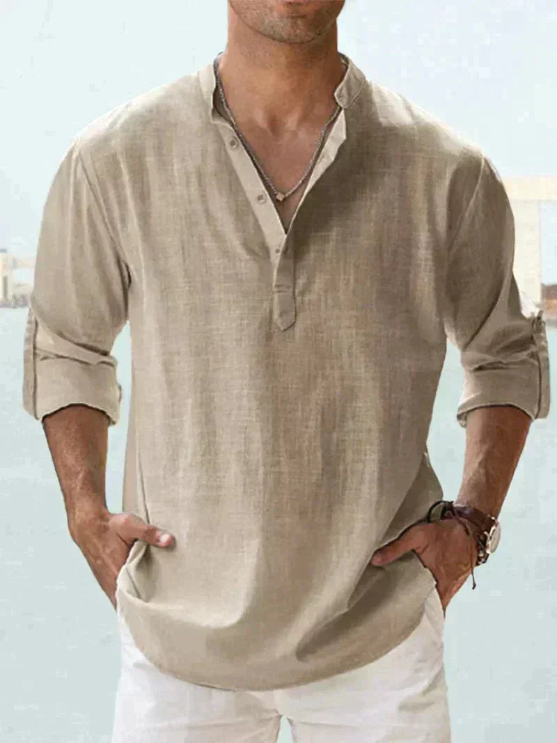 Men's relaxed-fit white linen shirt breathable lightweight summer button-up for hot days