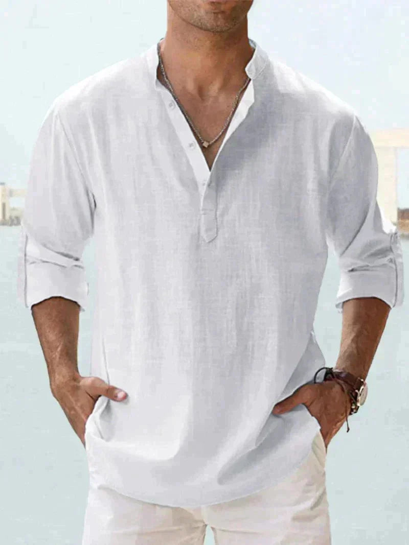 Men's relaxed-fit breathable linen shirt in natural tone, lightweight summer style with moisture-wicking comfort