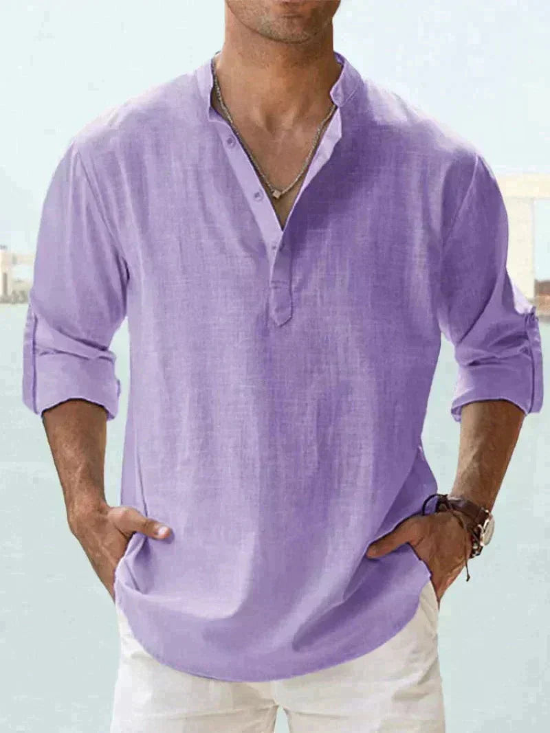 Men's relaxed-fit breathable linen shirt in natural tone, lightweight summer style with moisture-wicking fabric