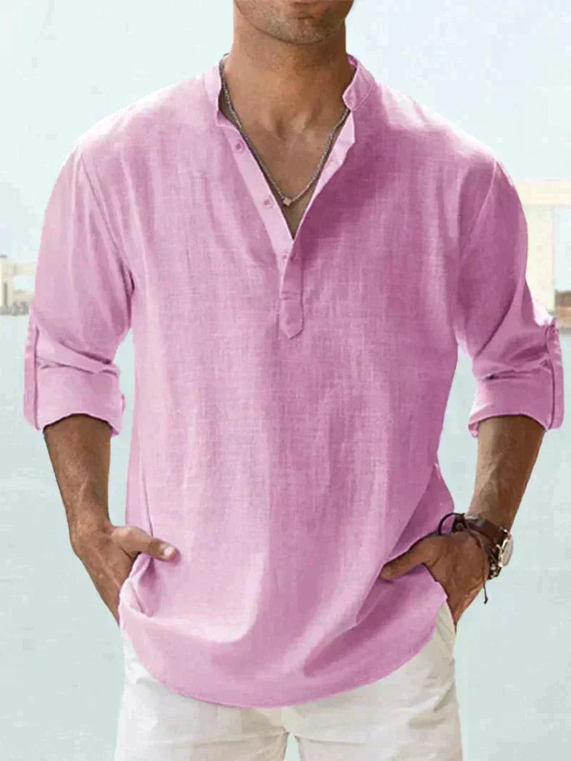Men's relaxed-fit breathable linen shirt in natural tone, lightweight summer style for hot days