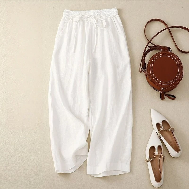 Liora beige linen blend wide-leg pants with adjustable drawstring waist, relaxed everyday silhouette