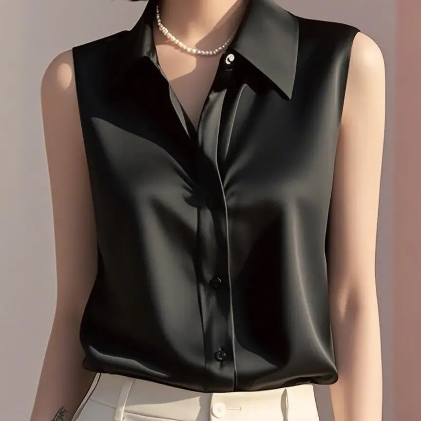 Sleeveless satin button blouse tailored fit collared neckline subtle shine professional women