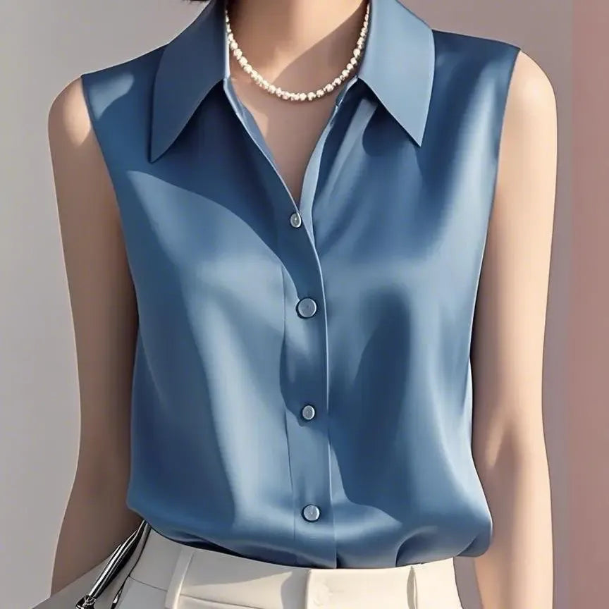 Sleeveless satin button blouse tailored fit collared neckline subtle shine polished professional style