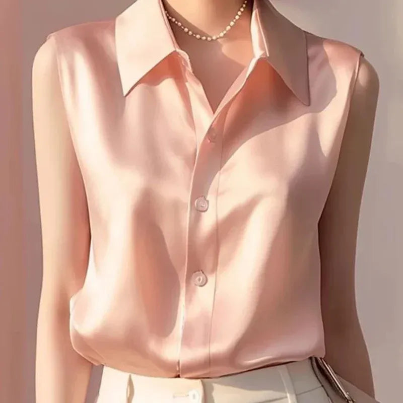 Sleeveless satin button blouse tailored fit collared neckline subtle shine professional women