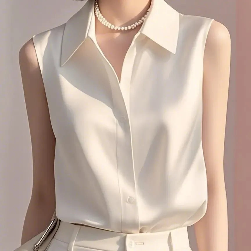 Sleeveless satin button blouse tailored fit collared neckline subtle shine professional women polished look