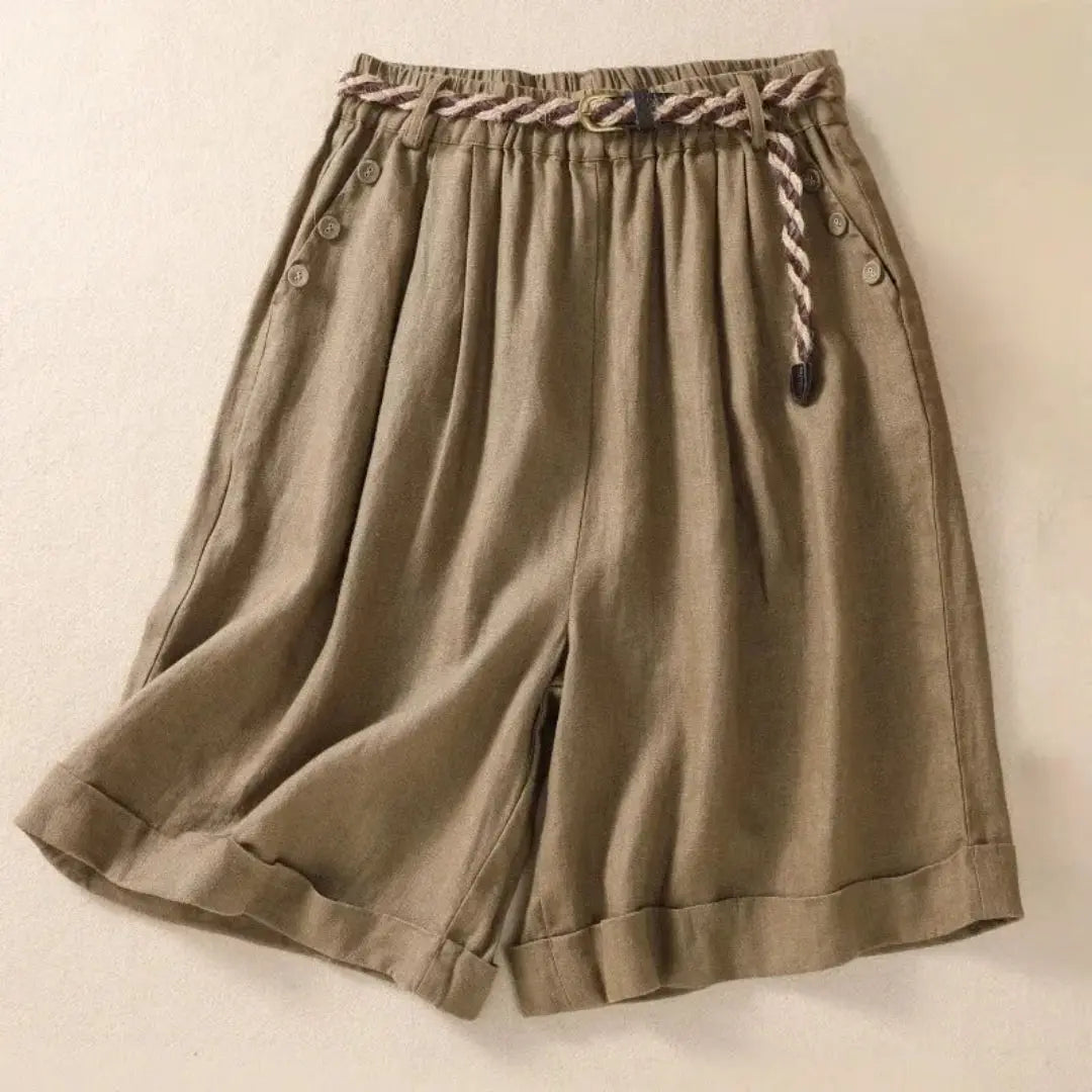 Women's beige linen relaxed shorts with rope belt detail, lightweight tailored summer style