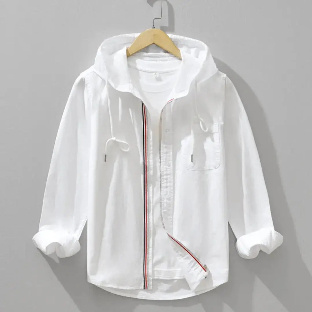 Women's white cotton linen hoodie shirt hybrid with full-zip front and relaxed lightweight fit