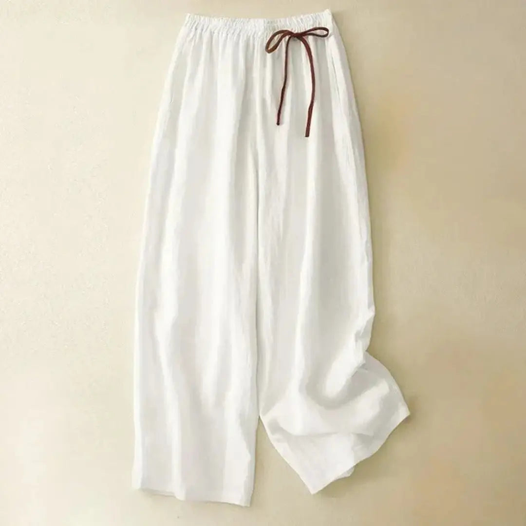 Women's linen wide-leg drawstring pants, relaxed fit, minimalist silhouette, mid-rise waist