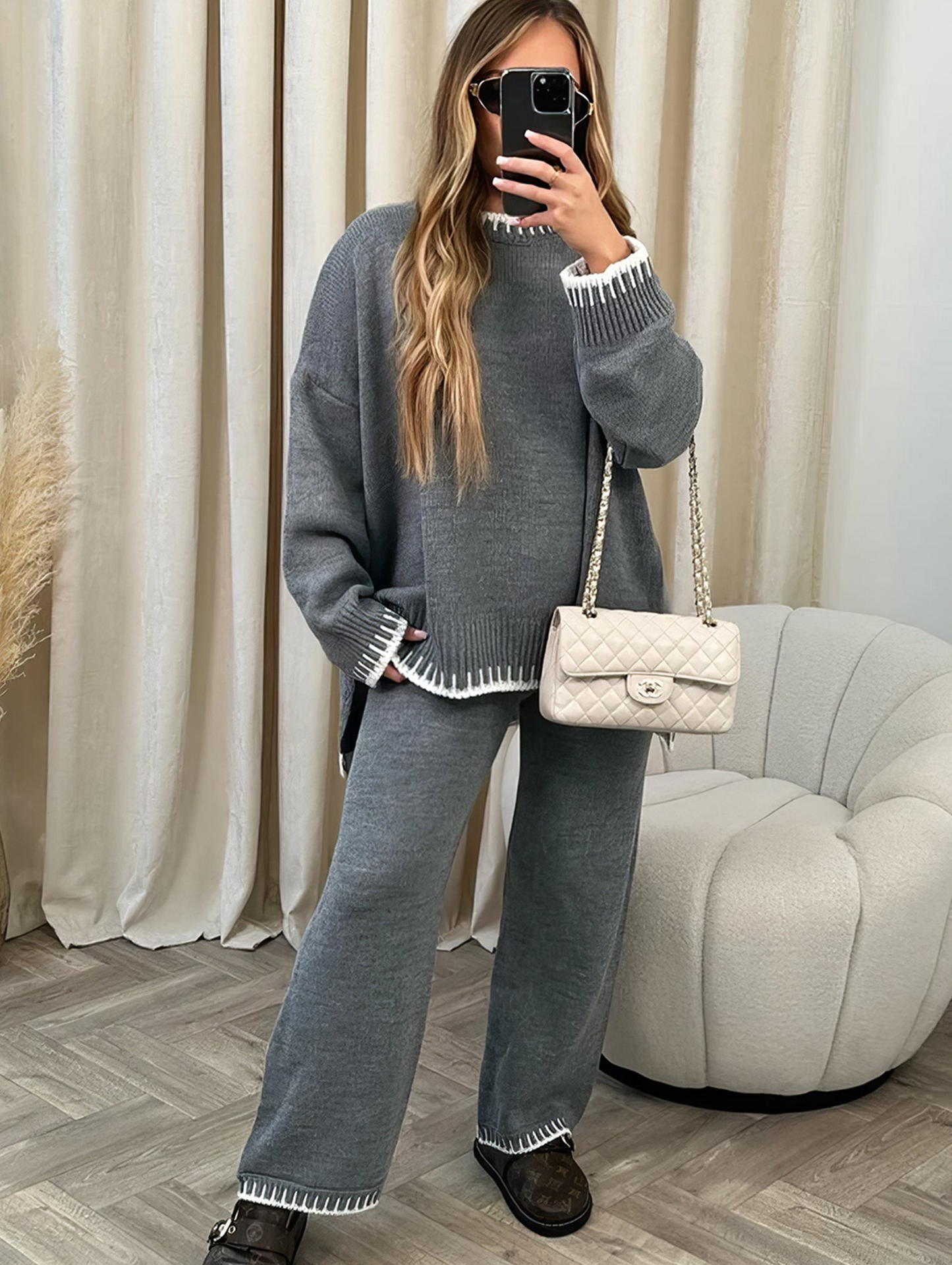 Women's cozy knit lounge set soft fabric casual-chic silhouette with elegant contrast trim