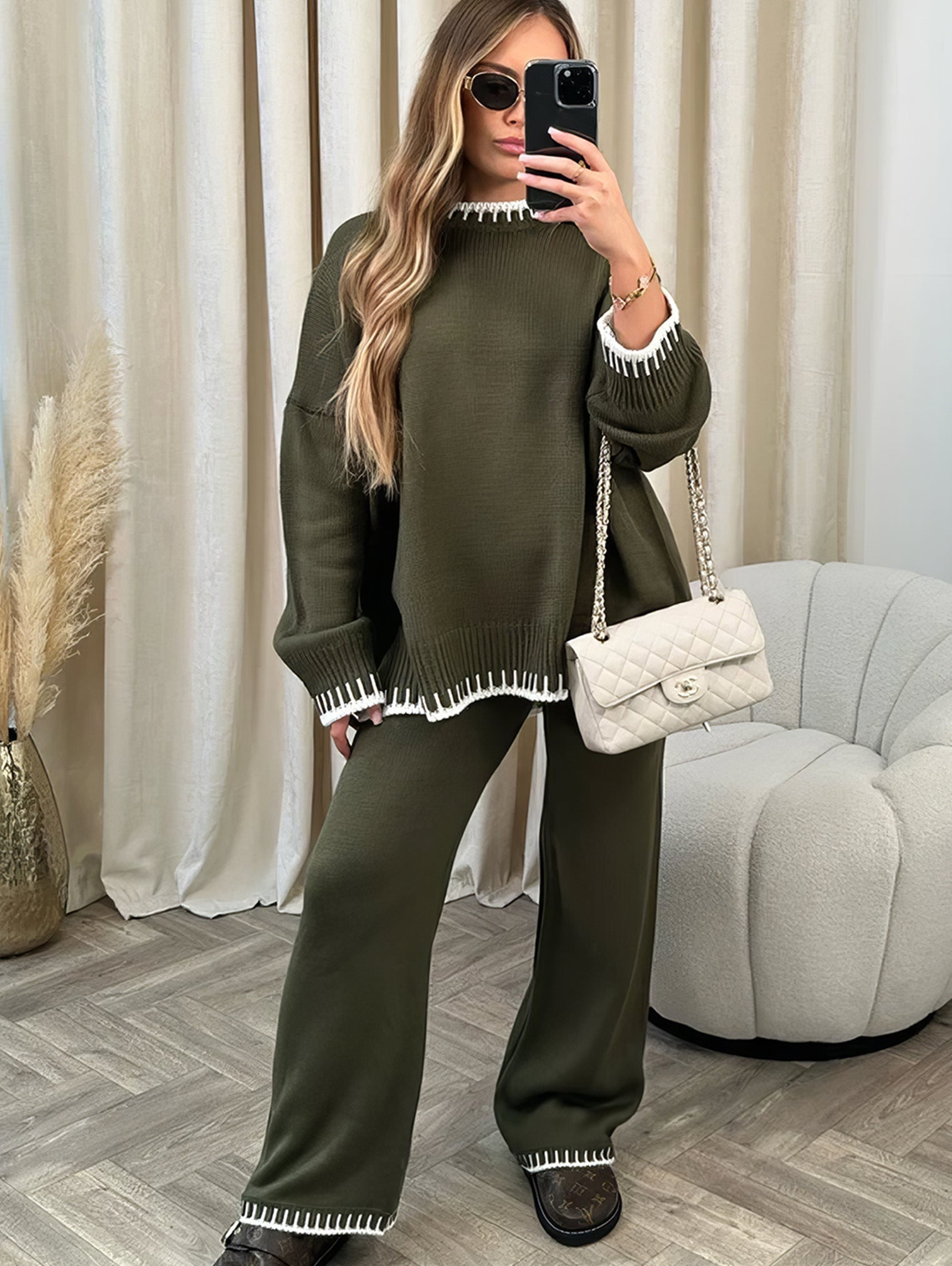 Women's cozy knit lounge set soft fabric casual-chic silhouette with elegant contrast trim