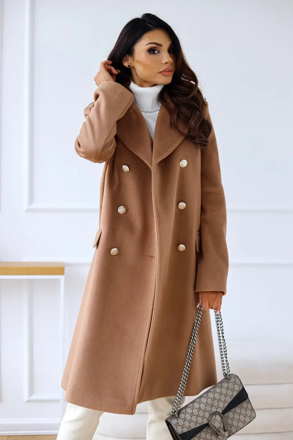 Women's double-breasted wool coat tailored fit structured shoulders gold buttons office-ready elegance