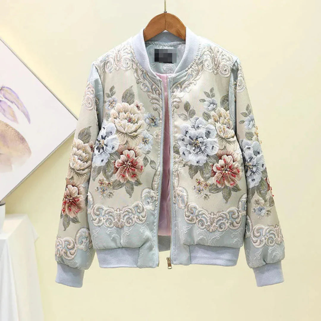 Women's black floral bomber jacket with 3D embroidery, relaxed cropped silhouette, vintage style