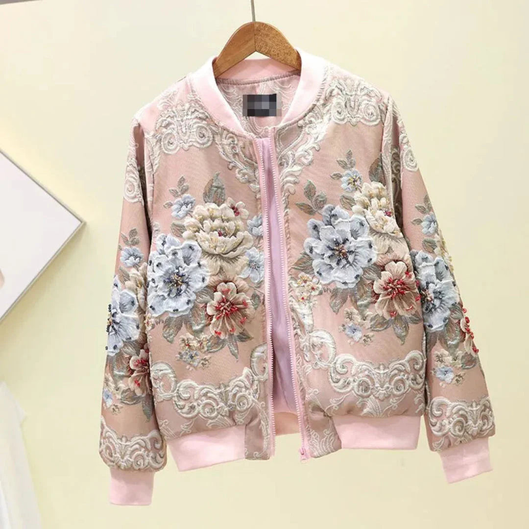 Women's black floral bomber jacket with 3D embroidery, vintage-inspired cropped silhouette
