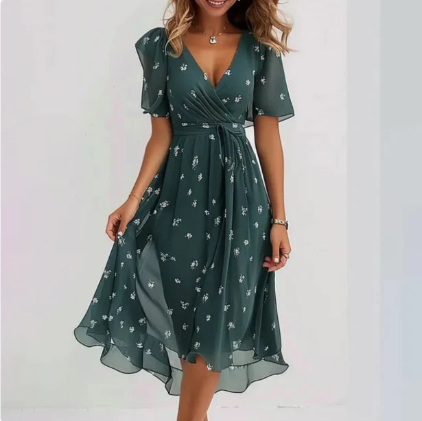Floral print midi dress women V-neck short sleeve garden party style flattering silhouette