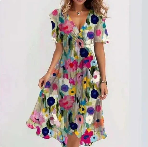 Floral print midi dress with V-neck, short sleeves, flattering silhouette for garden parties