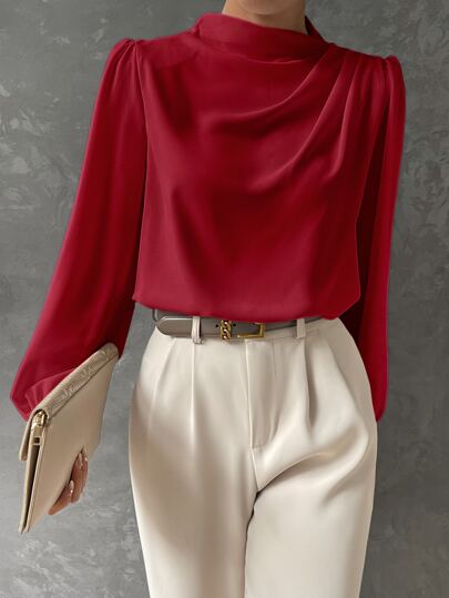 Black satin bishop sleeve blouse with draped neckline, elegant fluid silhouette for work and evening