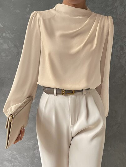 Black satin bishop sleeve blouse with elegant draped neckline, versatile work-to-evening women's top