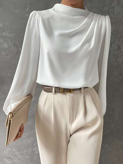 Black satin bishop sleeve blouse with elegant draped neckline, versatile work-to-evening women's top
