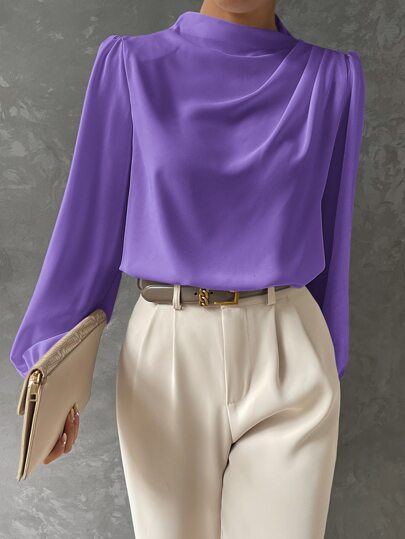 Black satin bishop sleeve blouse with draped neckline, elegant fluid silhouette for work and evening