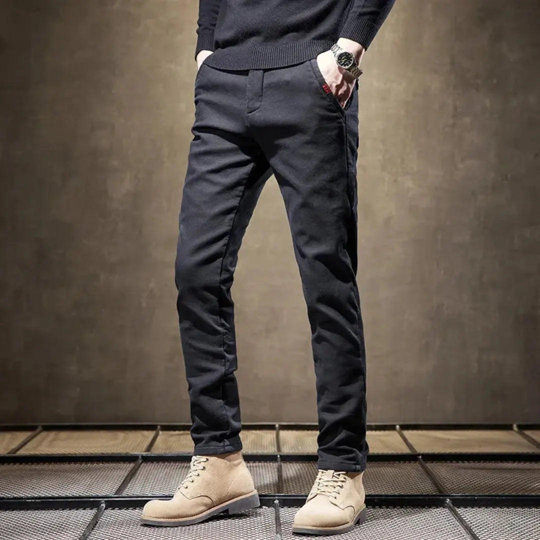 Men's slim straight leg casual pants in neutral tone with breathable stretch fabric for all-day comfort